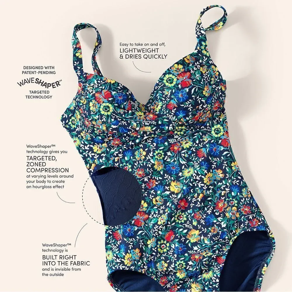 Land's End 1 piece suit chlorine resist targeted sculpting black floral palm Var